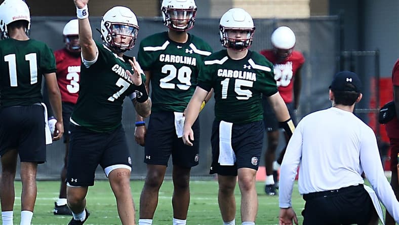 The USC football team held their first preseason football practice at the USC practice fields on Aug. 5, 2022. The team's head coach is Shane Beamer.  Spencer Rattler (7) on the field goes through passing drills.

Spa Usc First 2022 Football Practice33