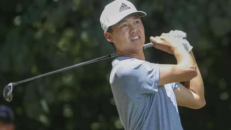 Aug 6, 2022; Greensboro, North Carolina, USA; Brandon Wu watches his tee shot on the second tee during the third round of the Wyndham Championship golf tournament. Mandatory Credit: Nell Redmond-USA TODAY Sports