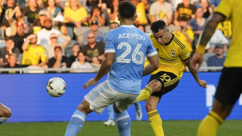 Aug 6, 2022; Columbus, Ohio, USA; Columbus Crew midfielder Lucas Zelarayan (10) scores a goal against the New York City FC during the first half at Lower.com Field. Mandatory Credit: Adam Cairns-The Columbus Dispatch