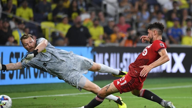 Aug 6, 2022; Nashville, Tennessee, USA; Toronto FC midfielder Jonathan Osorio (21) scores against Nashville SC goalkeeper Joe Willis (1) for his second goal of the first half at Geodis Park. Mandatory Credit: Christopher Hanewinckel-USA TODAY Sports