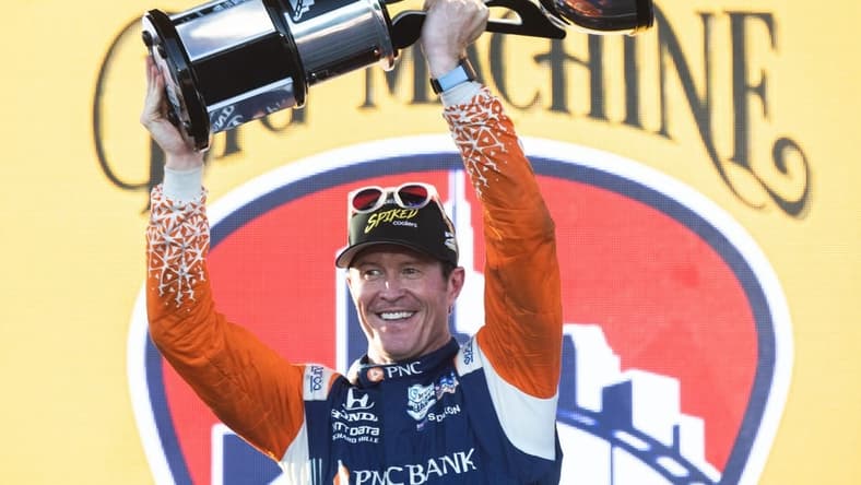 Chip Ganassi Racing driver Scott Dixon (9) of New Zealand celebrates winning the Music City Grand Prix in Nashville, Tenn., Sunday, Aug. 7, 2022.

Sa51448