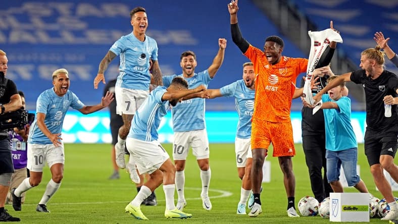 Aug 9, 2022; Saint Paul, MN, USA; The MLS celebrates with MLS midfielder Hany Mukhtar (95) of Nashville SC during the MLS All-Star Skills Challenge at Allianz Field. Mandatory Credit: Brace Hemmelgarn-USA TODAY Sports