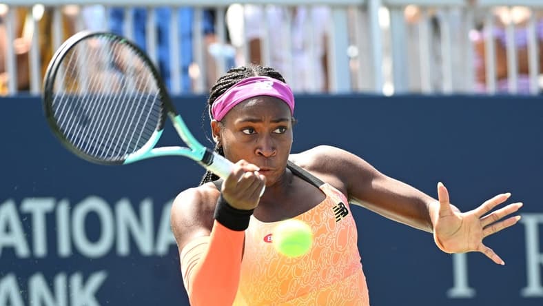 Aug 10, 2022; North York, ON, Canada;  Coco Gauff (USA) plays a shot against Elena Rybakina (KAZ) (not pictured) at Sobeys Stadium. Mandatory Credit: Dan Hamilton-USA TODAY Sports
