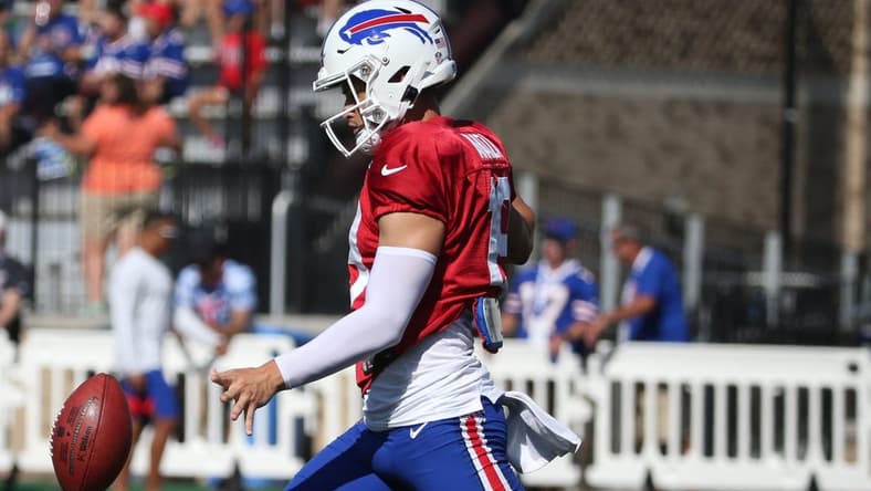 Punter Matt Araiza sends the ball downfield during special teams drills on the last day of the Buffalo Bills training camp at St John Fisher University in Rochester Thursday, Aug. 11, 2022.
Sd 081122 Bills Camp 17 Spts