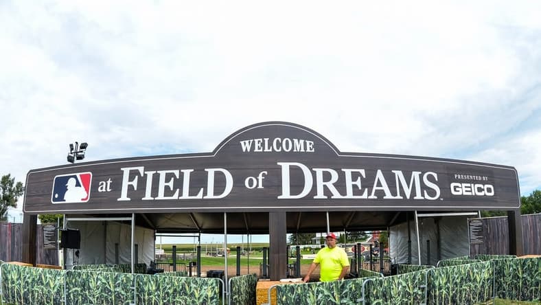 Aug 11, 2022; Dyersville, Iowa, USA; A general view of signs for the Field of Dreams game between the Cincinnati Reds and the Chicago Cubs at Field of Dreams. Mandatory Credit: Jeffrey Becker-USA TODAY Sports