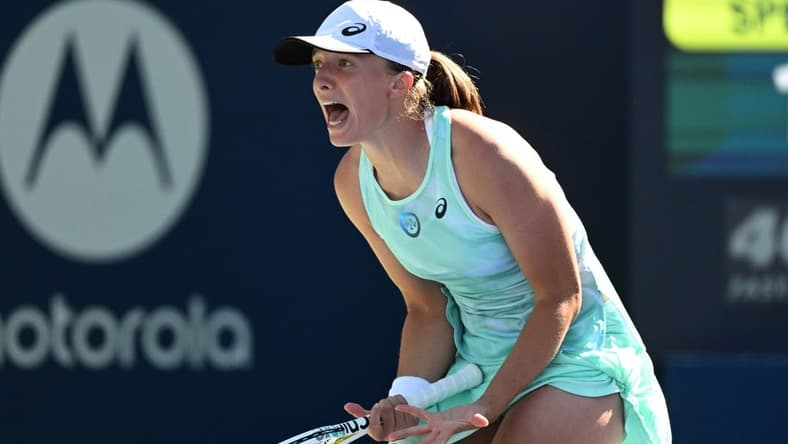 Aug 11, 2022; North York, ON, Canada;  Iga Swiatek (POL) reacts after losing a point against Beatriz Haddad Maia (BRA) at Sobeys Stadium. Mandatory Credit: Dan Hamilton-USA TODAY Sports