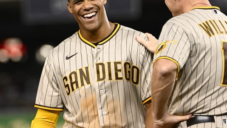 Aug 12, 2022; Washington, District of Columbia, USA; San Diego Padres right fielder Juan Soto (22) reacts after hitting a double against the Washington Nationals during the fifth inning at Nationals Park. Mandatory Credit: Brad Mills-USA TODAY Sports