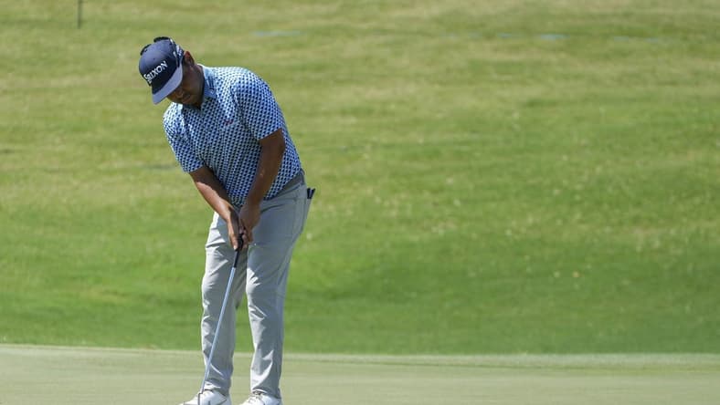 Aug 13, 2022; Memphis, Tennessee, USA; J.J. Spaun watches a putt during the third round of the FedEx St. Jude Championship golf tournament at TPC Southwind. Mandatory Credit: David Yeazell-USA TODAY Sports