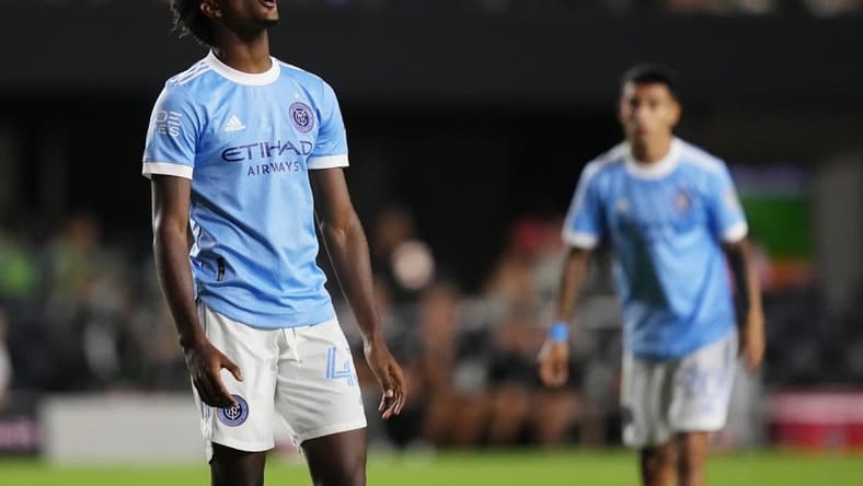 Aug 13, 2022; Fort Lauderdale, Florida, USA; New York City FC forward Talles Magno (43) reacts after missing a shot on goal against Inter Miami CF during the first half at DRV PNK Stadium. Mandatory Credit: Jasen Vinlove-USA TODAY Sports