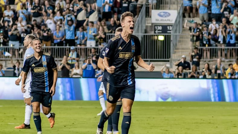 Aug 13, 2022; Philadelphia, Pennsylvania, USA; Philadelphia Union defender Jack Elliott (3) reacts after scoring a goal against the Chicago Fire during the first half at Subaru Park. Mandatory Credit: John Jones-USA TODAY Sports