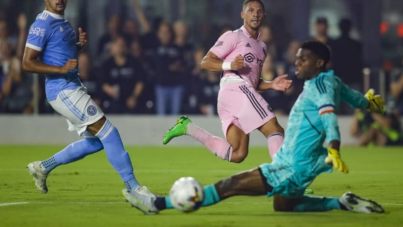 Aug 13, 2022; Fort Lauderdale, Florida, USA; Inter Miami CF defender Kieran Gibbs (middle) watches as his shot goes wide against the New York City FC during the first half at DRV PNK Stadium. Mandatory Credit: Sam Navarro-USA TODAY Sports