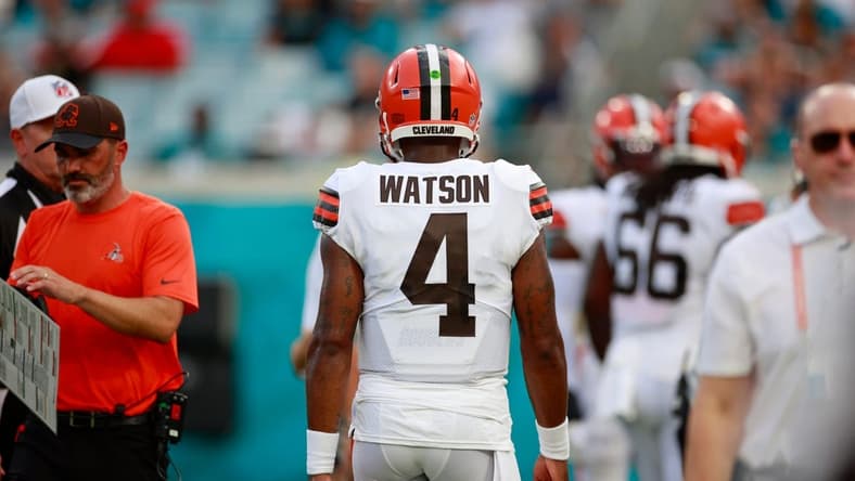 Cleveland Browns quarterback Deshaun Watson #4 looks on during the first quarter of a preseason NFL game Friday, Aug. 12, 2022 at TIAA Bank Field in Jacksonville. The Cleveland Browns defeated the Jacksonville Jaguars 24-13. [Corey Perrine/Florida Times-Union]

Jacksonville Jaguars 2022 Cleveland Browns First Home Pre Season Scrimmage Second Scrimmage Preseason