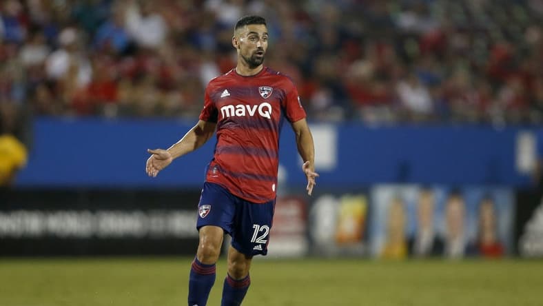 Aug 13, 2022; Frisco, Texas, USA; FC Dallas midfielder Sebastian Lletget (12) runs on the field during a match against the San Jose Earthquakes at Toyota Stadium. Mandatory Credit: Tim Heitman-USA TODAY Sports