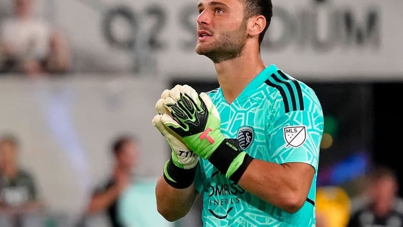 Aug 13, 2022; Austin, Texas, USA; Sporting Kansas City goalkeeper John Pulskamp (1) reacts after a play against Austin FC during the second half at Q2 Stadium. Mandatory Credit: Scott Wachter-USA TODAY Sports