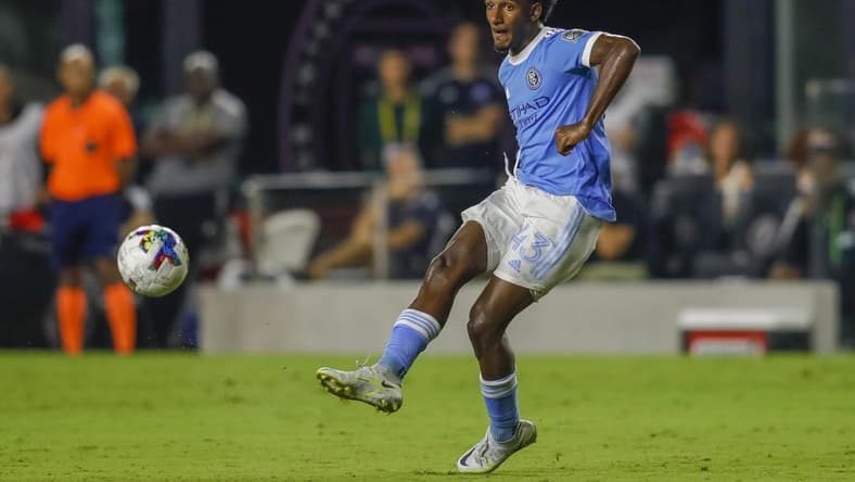 Aug 13, 2022; Fort Lauderdale, Florida, USA; New York City FC forward Talles Magno (43) passes the ball during the second half against Inter Miami CF at DRV PNK Stadium. Mandatory Credit: Sam Navarro-USA TODAY Sports