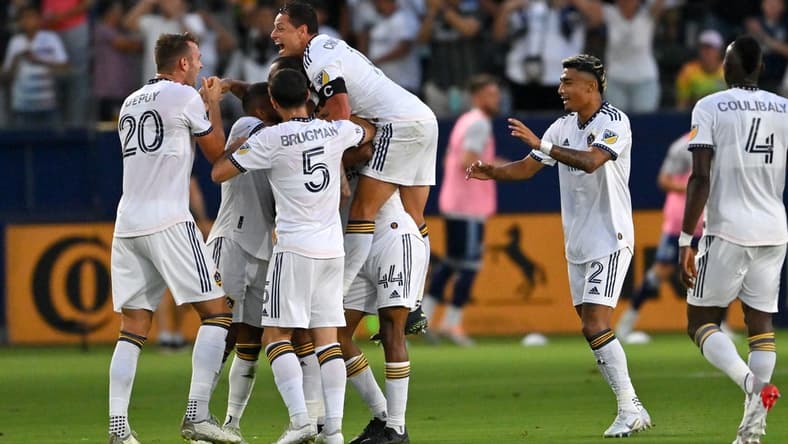 Aug 13, 2022; Carson, California, USA;   Los Angeles Galaxy celebrate a goal by midfielder Victor Vazquez (7) in the first half against the Vancouver Whitecaps at Dignity Health Sports Park. Mandatory Credit: Jayne Kamin-Oncea-USA TODAY Sports