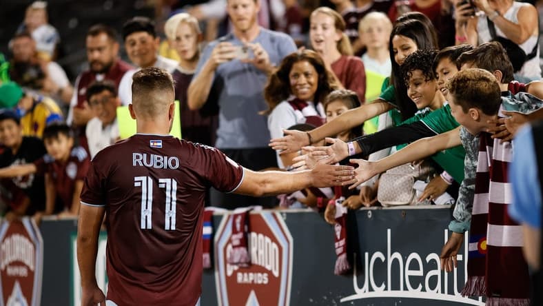 Aug 13, 2022; Commerce City, Colorado, USA; Colorado Rapids forward Diego Rubio (11) greets fans after the match against the Columbus Crew SC at Dick's Sporting Goods Park. Mandatory Credit: Isaiah J. Downing-USA TODAY Sports