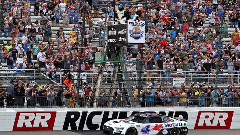 Aug 14, 2022; Richmond, Virginia, USA; NASCAR Cup Series driver Kevin Harvick (4) wins the Federated Auto Part 400 at Richmond International Raceway. Mandatory Credit: Peter Casey-USA TODAY Sports