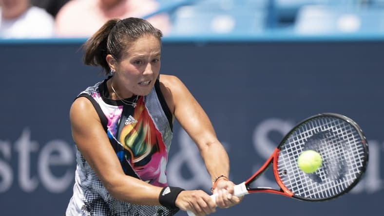 Aug 15, 2022; Cincinnati, OH, USA;  Daria Kasatkina (RUS) returns a shot during her match against Amanda Anisimova (USA) at the Western & Southern at the at the Lindner Family Tennis Center. Mandatory Credit: Susan Mullane-USA TODAY Sports
