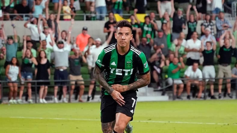Aug 13, 2022; Austin, Texas, USA; Austin FC forward Sebastian Driussi (7) celebrates after scoring a goal against Sporting Kansas City during the second half at Q2 Stadium. Mandatory Credit: Scott Wachter-USA TODAY Sports