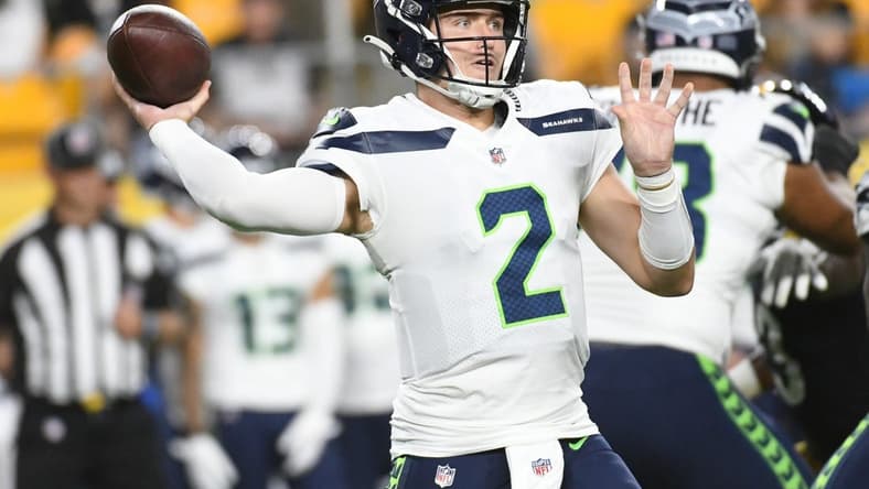 Aug 13, 2022; Pittsburgh, Pennsylvania, USA; Seattle Seahawks quarterback Drew Lock (2) throws a pass against the Pittsburgh Steelers during the third quarter at Acrisure Stadium. Mandatory Credit: Philip G. Pavely-USA TODAY Sports
