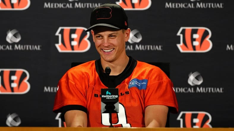 Cincinnati Bengals quarterback Joe Burrow gives his first press conference of the season as he returns from appendectomy surgery on Wednesday, Aug. 17, 2022.
Joe Burrow Presser