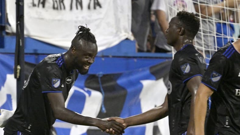 Aug 20, 2022; Montreal, Quebec, CAN; CF Montreal forward Kei Kamara (23) celebrates after scoring a goal against the New England Revolution during the first half at Stade Saputo. Mandatory Credit: Eric Bolte-USA TODAY Sports