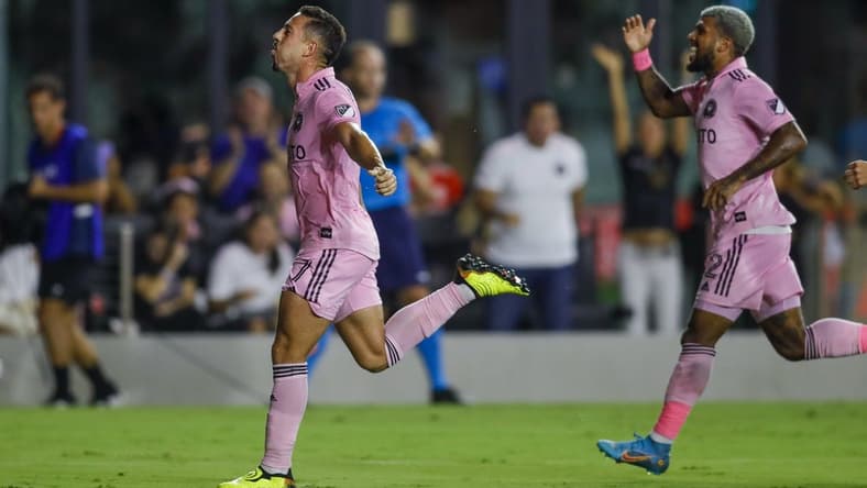 Aug 20, 2022; Fort Lauderdale, Florida, USA; Inter Miami CF midfielder Jean Mota (7) celebrates after scoring during the first half against Toronto FC at DRV PNK Stadium. Mandatory Credit: Sam Navarro-USA TODAY Sports