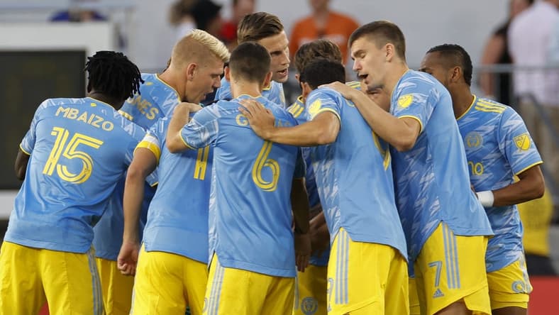 Aug 20, 2022; Washington, District of Columbia, USA; Philadelphia Union players huddle prior to their match against D.C. United at Audi Field. Mandatory Credit: Geoff Burke-USA TODAY Sports