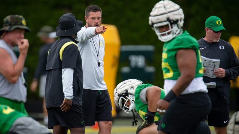 Oregon head coach Dan Lanning leads practice Aug. 17, 2022, in Eugene Oregon.