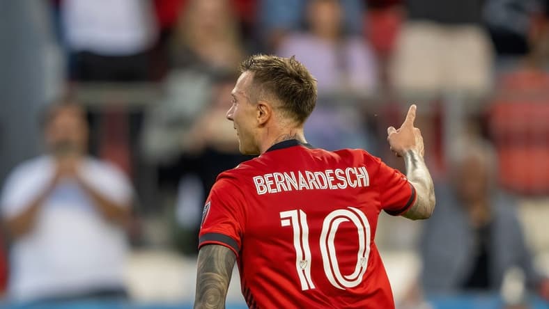 Aug 17, 2022; Toronto, Ontario, CAN; Toronto FC forward Federico Bernardeschi (10) celebrates after scoring a penalty shot against the New England Revolution during the first half at BMO Field. Mandatory Credit: Kevin Sousa-USA TODAY Sports