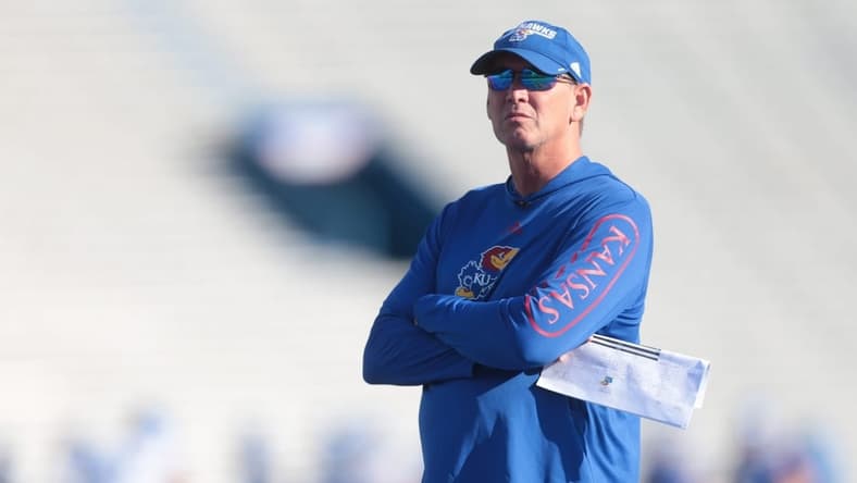 Kansas coach Lance Leipold surveys his players during Saturday's public practice at David Booth Kansas Memorial Stadium