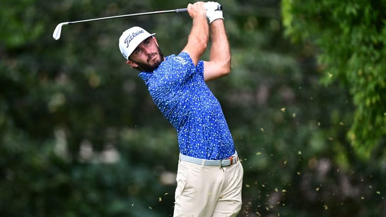 Aug 25, 2022; Atlanta, Georgia, USA; Max Homa tees off on the 2nd hole during the first round of the TOUR Championship golf tournament. Mandatory Credit: Adam Hagy-USA TODAY Sports