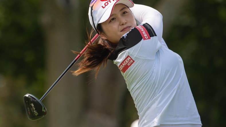 Aug 25, 2022; Ottawa, Ontario, CAN; Hye-Jin Choi of Korea tees off during the first round of the CP Women's Open golf tournament. Mandatory Credit: Marc DesRosiers-USA TODAY Sports