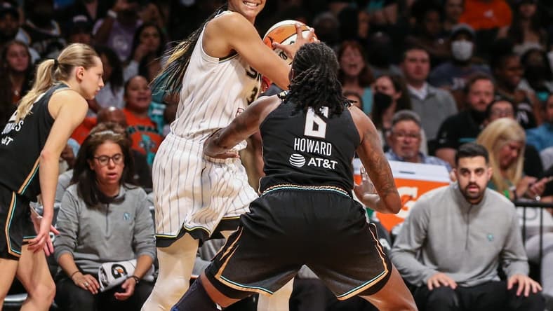 Aug 23, 2022; Brooklyn, New York, USA; Chicago Sky forward Candace Parker (3) and New York Liberty forward Natasha Howard (6) at Barclays Center. Mandatory Credit: Wendell Cruz-USA TODAY Sports