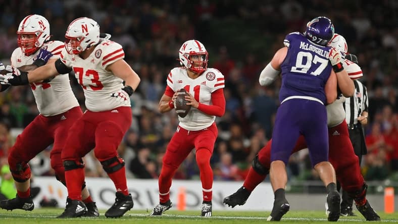 Aug 27, 2022; Dublin, IRELAND; Nebraska Cornhuskers quarterback Casey Thompson drops back to pass against Northwestern in the Aer Lingus college football series at Aviva Stadium. Mandatory Credit: Brendan Moran-USA TODAY Sports