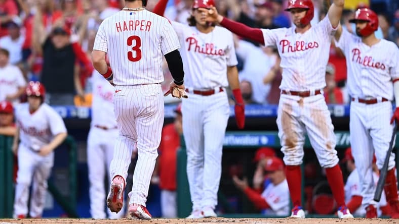 Aug 27, 2022; Philadelphia, Pennsylvania, USA; Philadelphia Phillies outfielder Bryce Harper (3) crosses the plate to score against the Pittsburgh Pirates in the first inning at Citizens Bank Park. Mandatory Credit: Kyle Ross-USA TODAY Sports