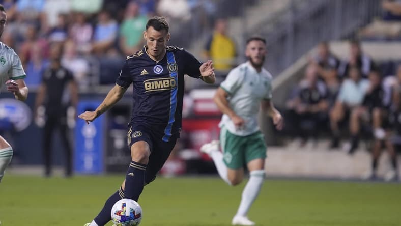 Aug 27, 2022; Chester, Pennsylvania, USA; Philadelphia Union midfielder Daniel Gazdag (6) controls the ball against the Colorado Rapids in the first half at Subaru Park. Mandatory Credit: Mitchell Leff-USA TODAY Sports