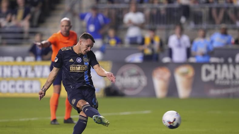 Aug 27, 2022; Chester, Pennsylvania, USA; Philadelphia Union midfielder Deniel Gazdag (6) scores a goal on a penalty kick against the Colorado Rapids in the first half at Subaru Park. Mandatory Credit: Mitchell Leff-USA TODAY Sports