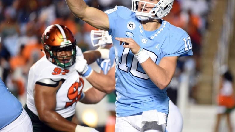 Aug 27, 2022; Chapel Hill, North Carolina, USA; North Carolina Tar Heels quarterback Drake Maye (10) throws a pass during the first half against the Florida A&M Rattlers at Kenan Memorial Stadium. Mandatory Credit: Rob Kinnan-USA TODAY Sports