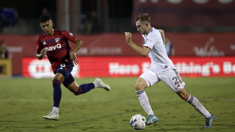 Aug 27, 2022; Frisco, Texas, USA; Real Salt Lake defender Andrew Brody (2) controls the ball past FC Dallas midfielder Edwin Cerrillo (6) during the first half at Toyota Stadium. Mandatory Credit: Kevin Jairaj-USA TODAY Sports