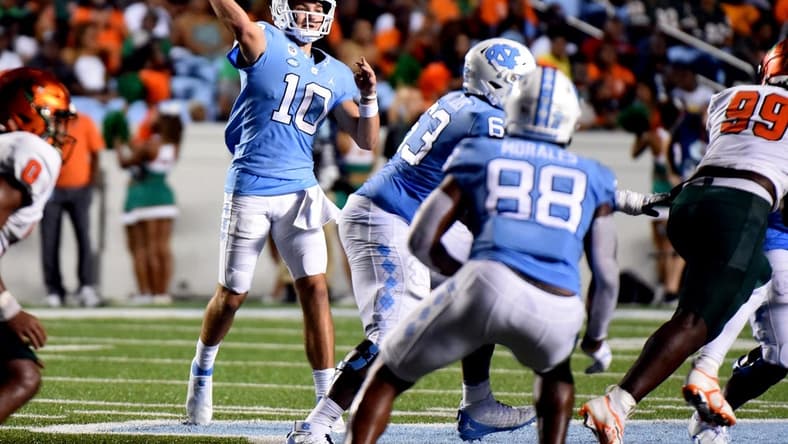 Aug 27, 2022; Chapel Hill, North Carolina, USA;North Carolina Tar Heels quarterback Drake Maye (10) throws a pass against the Florida A&M Rattlers during the second half at Kenan Memorial Stadium. Mandatory Credit: Rob Kinnan-USA TODAY Sports