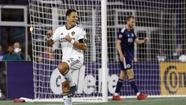 Aug 28, 2022; Foxborough, Massachusetts, USA; Los Angeles Galaxy forward Javier Hernandez (14) celebrates his goal against the New England Revolution during the first half at Gillette Stadium. Mandatory Credit: Winslow Townson-USA TODAY Sports