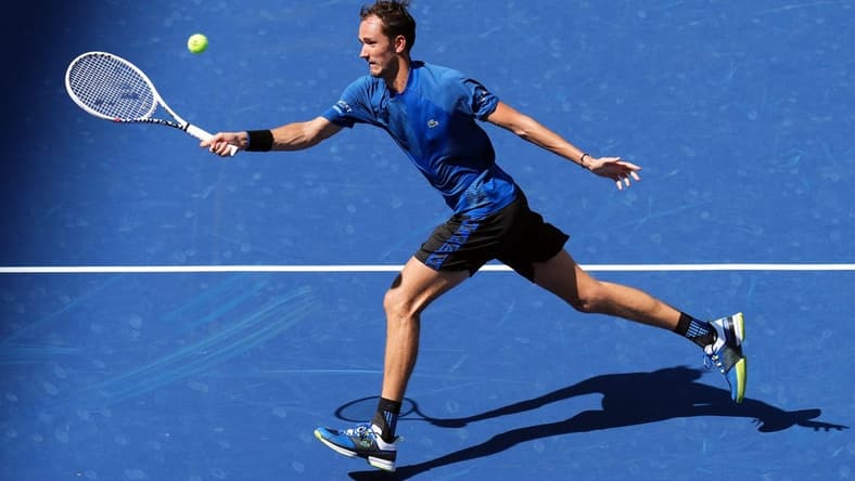 Aug 29, 2022; Flushing, NY, USA; Daniil Medvedev hits to Stefan Kozlov of the United States on day one of the 2022 U.S. Open tennis tournament at USTA Billie Jean King National Tennis Center. Mandatory Credit: Danielle Parhizkaran-USA TODAY Sports