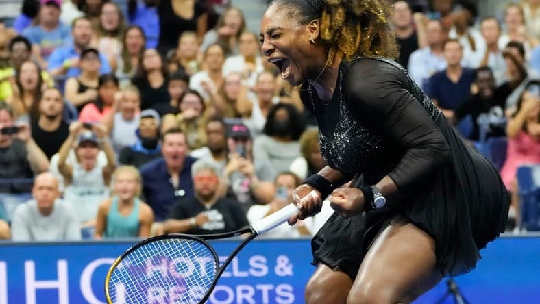 Aug 29, 2022; Flushing, NY, USA;  Serena Williams of the USA reacts after winning the first set against Danka Kovinic of Montenegro on day one of the 2022 U.S. Open Tennis Tournament at the Billie Jean King National Tennis Center. Mandatory Credit: Robert Deutsch-USA TODAY Sports