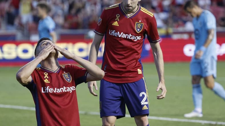 Aug 31, 2022; Sandy, Utah, USA; Real Salt Lake forward Jefferson Savarino (11) celebrates his first half goal with defender Andrew Brody (2) against the Minnesota United at Rio Tinto Stadium. Mandatory Credit: Jeffrey Swinger-USA TODAY Sports