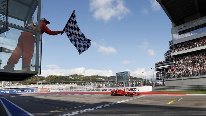 Formula One F1 - Russian Grand Prix - Sochi Autodrom, Sochi, Russia - September 29, 2019 Ferrari's Charles Leclerc crosses the finish line. Yuri Kochetkov/Pool via REUTERS