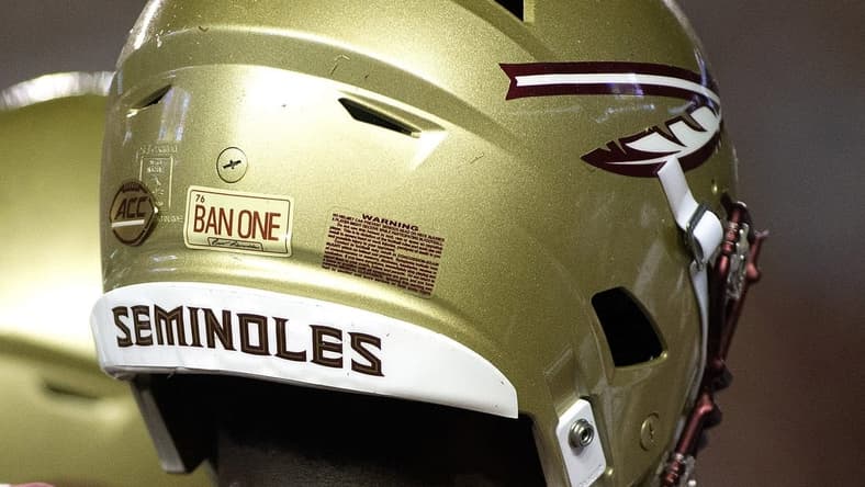 Sep 8, 2018; Tallahassee, FL, USA; Florida State Seminoles had a special sticker on their helmets to honor former FSU player Burt Reynolds who died this past week.  The Florida State Seminoles host the Samford Bulldogs at Doak Campbell Stadium. Florida State won 36-26. Mandatory Credit: Glenn Beil-USA TODAY Sports