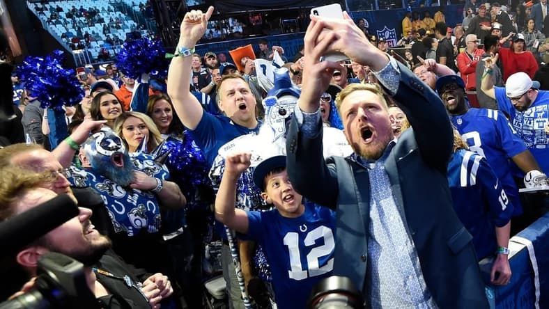 Former Colts punter Pat McAfee takes a selfie with fans after making the team's pick during the second day of the NFL Draft Friday, April 26, 2019, in Nashville, Tenn.

Gw42699