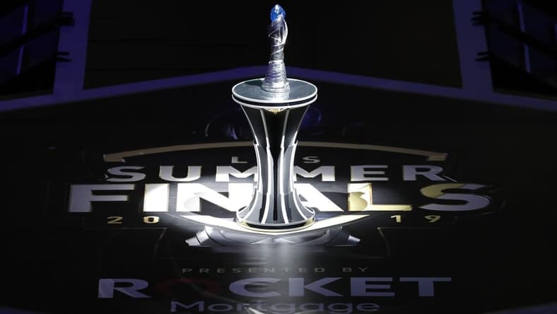Aug 25, 2019; Detroit, MI, USA; The LCS trophy awaits the winner during the LCS Summer Finals event between Team Liquid and Cloud9 at Little Caesars Arena. Mandatory Credit: Raj Mehta-USA TODAY Sports